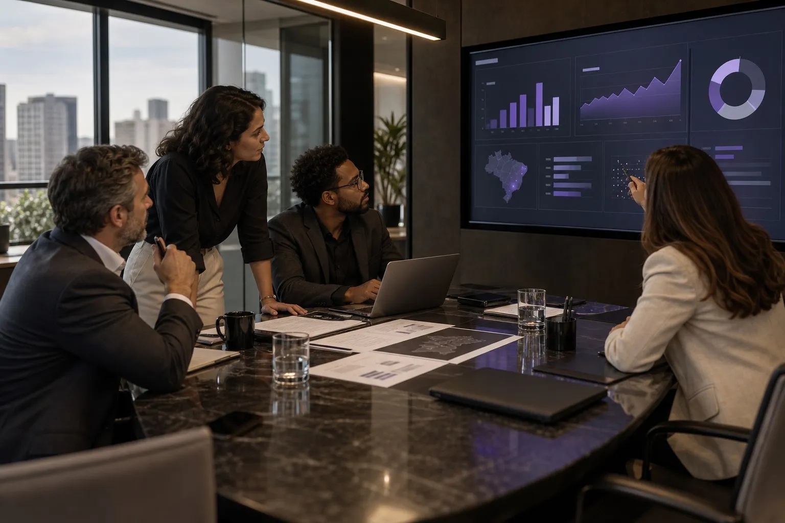 Time de negócio e tecnologia analisando indicadores em um painel