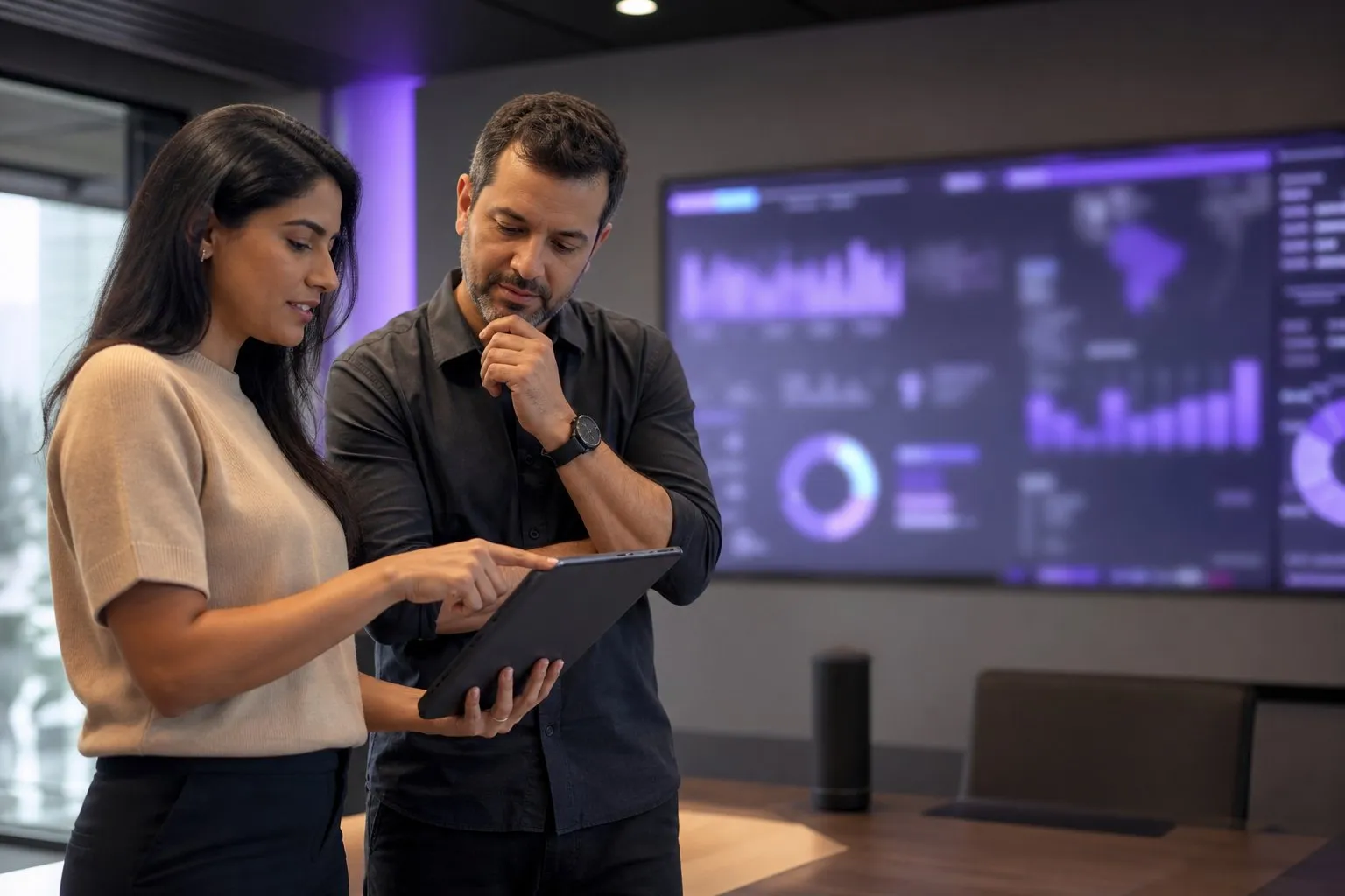 Dupla acompanhando métricas em um tablet diante de um dashboard